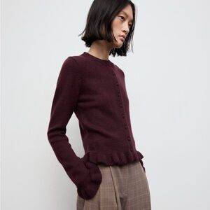 Mango Ruffled Knit Burgundy Cardigan Sweater Size Large NWT